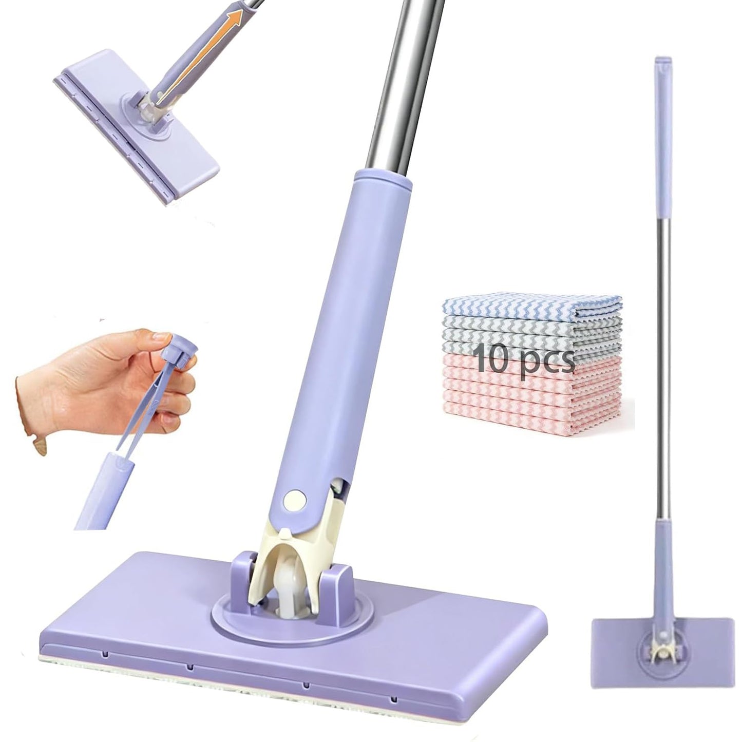 Zero Touch Mini Mops,Lazy mop Automatic gripping with Hands Free Push Pull Handle,Retractable Disposable Dust Mops for Multi Cleaning(37.4in + 10*Cloth)