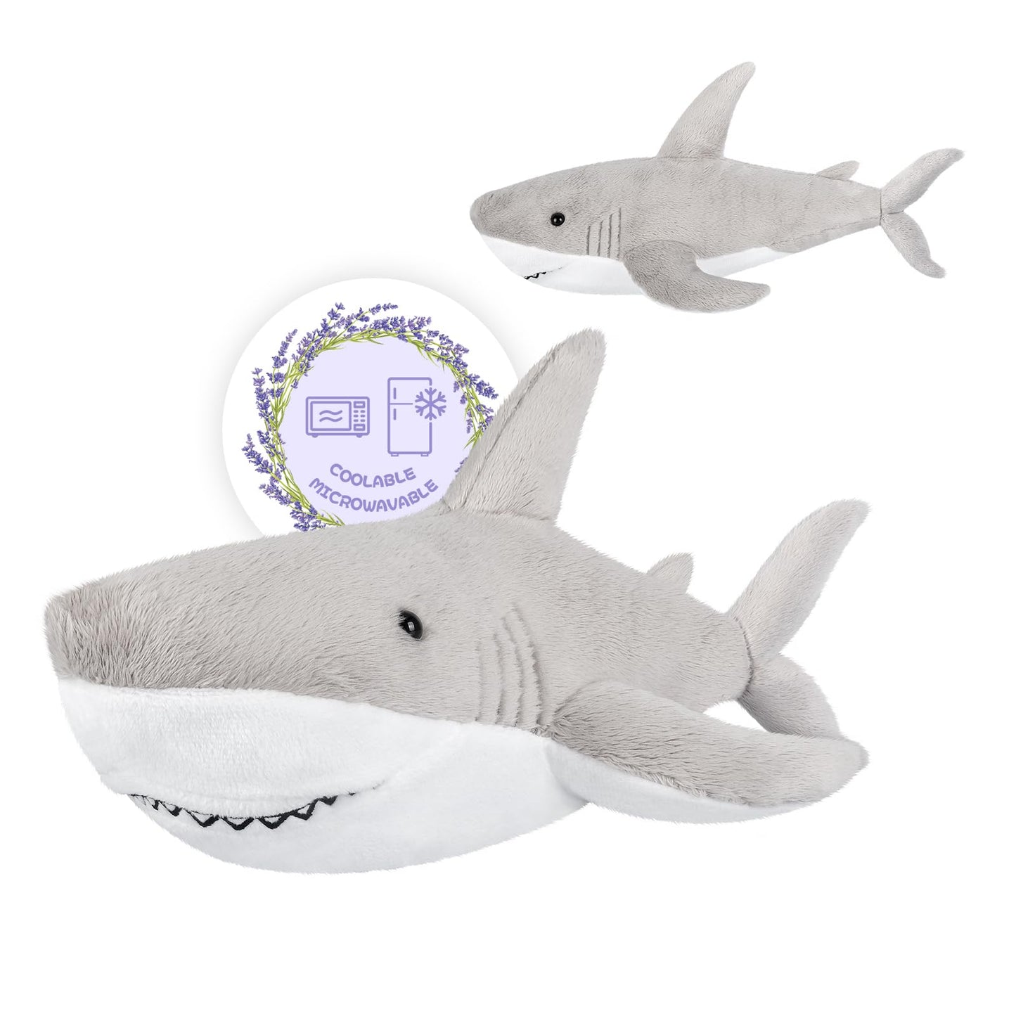 SuzziPals Microwavable & Coolable Shark Plush, Shark Stuffed Animal, Heatable & Coolable Plush Toy for Soothing Fatigue, Lavender Scented, Grey Shark Plush Toy