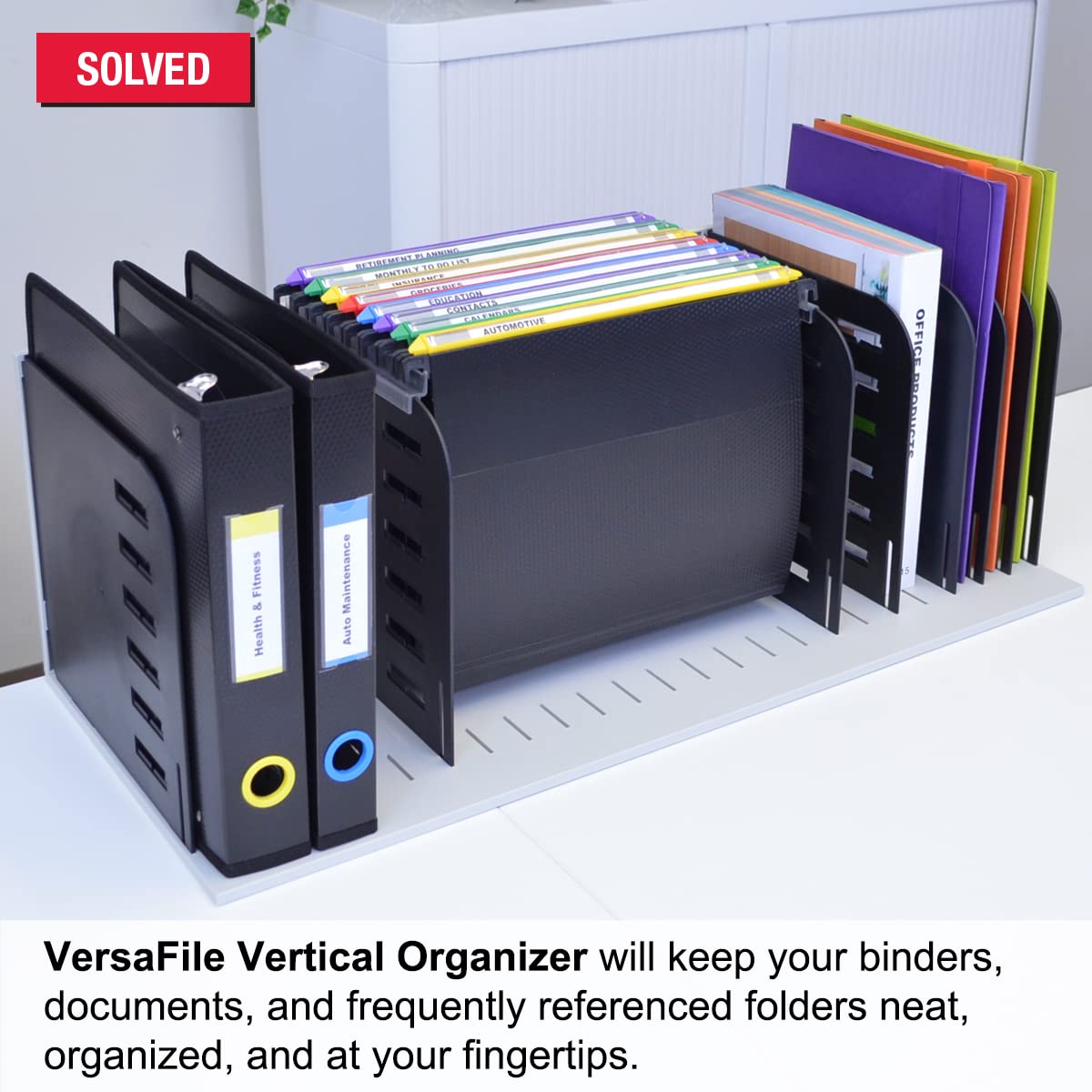 Ultimate Office VersaFile Desktop File Organizer & Sorter Features 9 Adjustable Dividers for Vertical Filing of Books, Magazines, and Hanging Files (Gray w/Black)