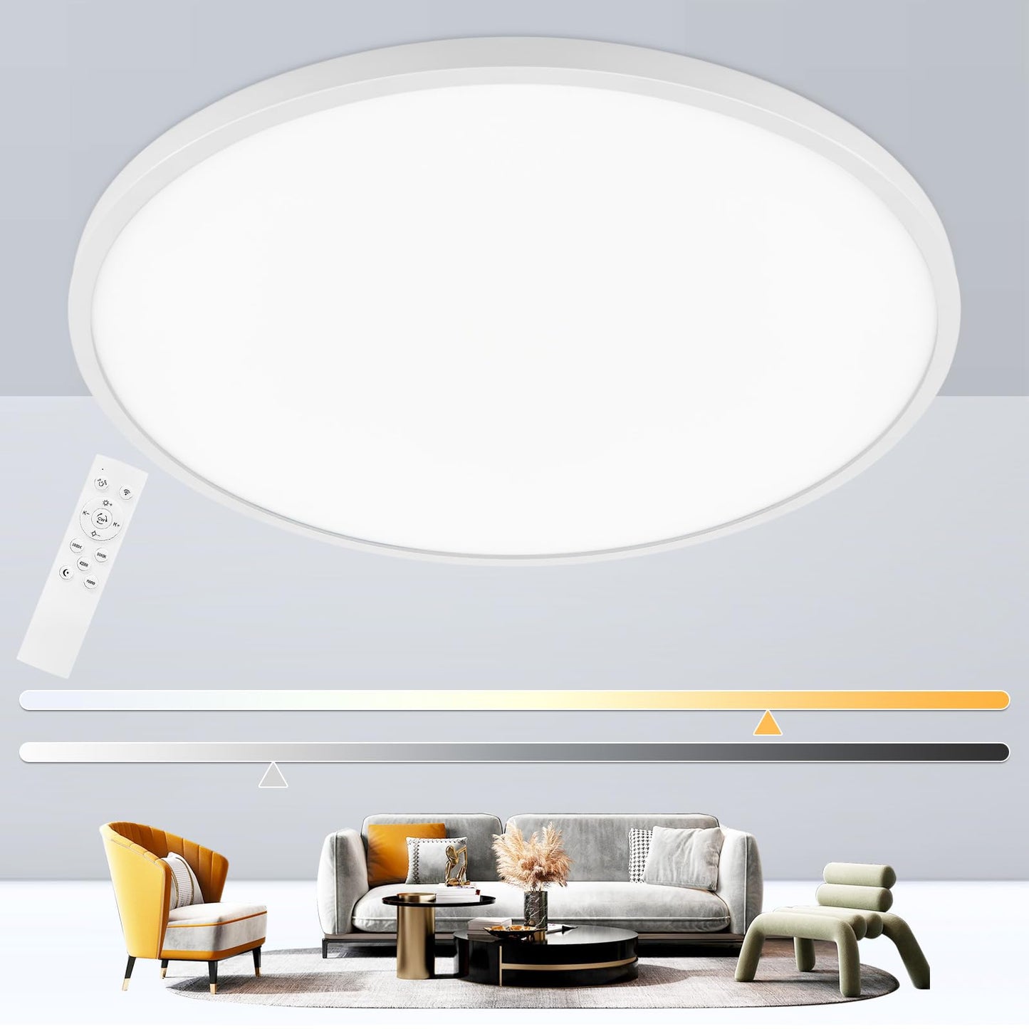 Glowall Modern 20'' Led Ceiling Light Fixture, Ultra Thin Flush Mount, Dimmable with Remote Control, 48W 4800Lumen, White, for Bedroom, Living Room, Kitchen, Dining Room, Home Office