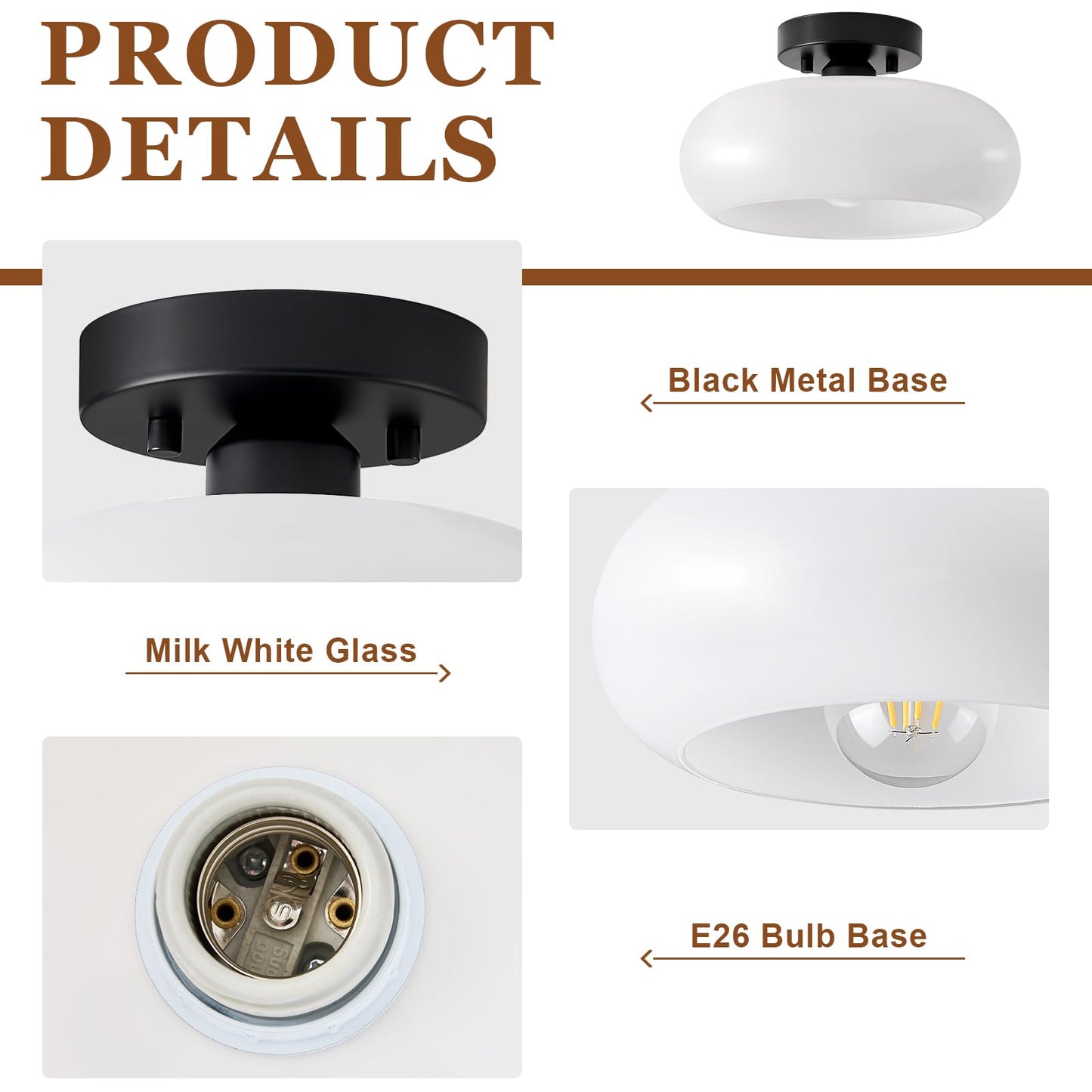 WOKNOS Mid-Century Modern Semi Flush Mount Ceiling Light, Metal Kitchen Light Fixture with Glass Shade,Vintage White and Black Colse to Ceiling Lamp for Entryway Hallway Bathroom (11.0 Inch)