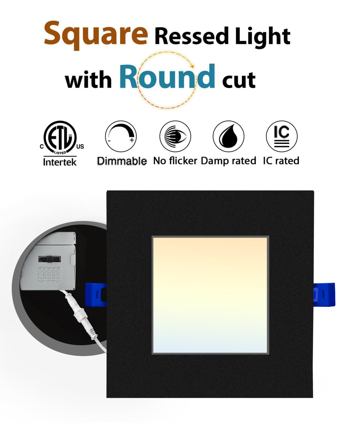 Adetu 6 Pack 6 inch Square Led Recessed Lighting Black,5CCT Ultra Thin Square Led Ceiling Light with Junction Box, 2700K/3000K/3500K/4000K/5000K Selectable,Dimmable,ETL and Energy Star Certified