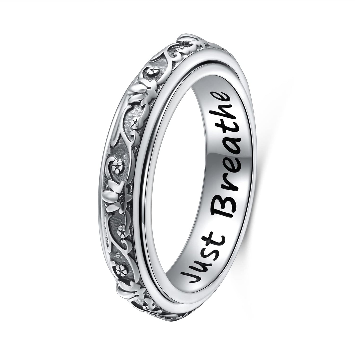 Ladytree Spinner Fidget Ring S925 Sterling Silver Lotus Flower Yoga Just Breathe Anxiety Worry Band Oxidized Stress Relieving Boredom ADHD Autism Rings for Women Men,Size 8