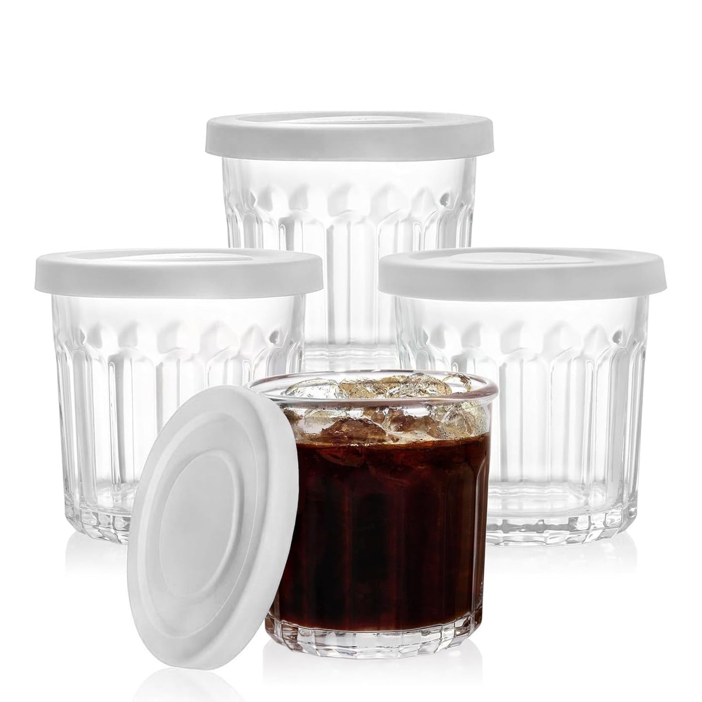 MedoouHait Working Glass Cups with Lids Set of 4,13.5oz Thick Drinking Glasses, Heavy Duty Glass Tumblers, Stackable Food Storage Jars,Clear Picardie Style Glassware
