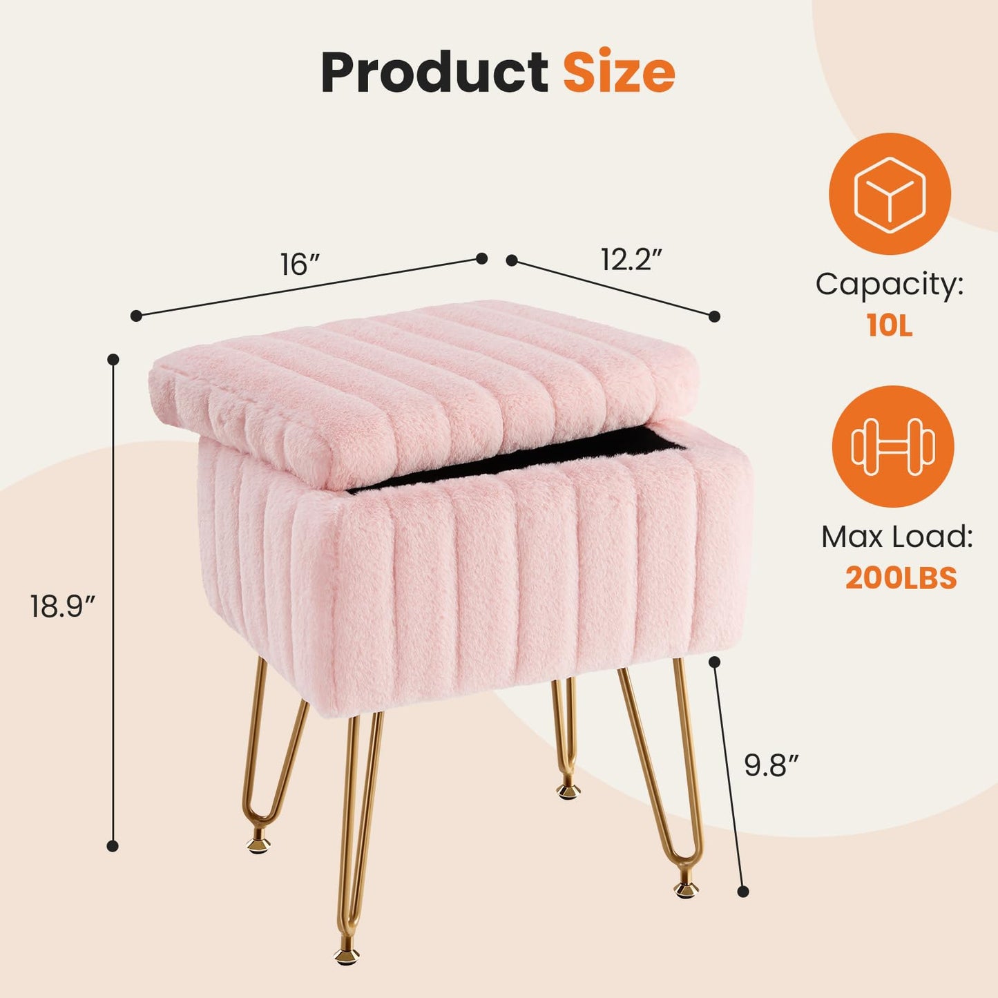 Sweetcrispy Vanity Stool Chair with Storage, 18.9”H x 16”L x 12.2”W Ottoman Chair Faux Fur Soft Padded Makeup Footstools Seat with 4 Metal Legs Anti-Slip Adjustable Feet for Make Up, Pink