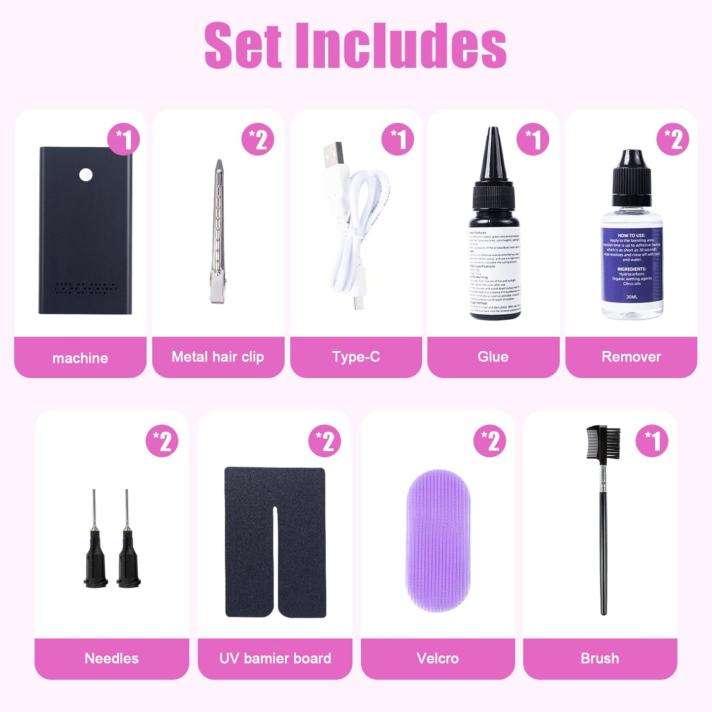 V Light Hair Extensions Kit, V Light Machine*1 v Light Hair Extensions Glue*1 Glue Remover *2 Hair Shield * 2 (Black Machine Set)