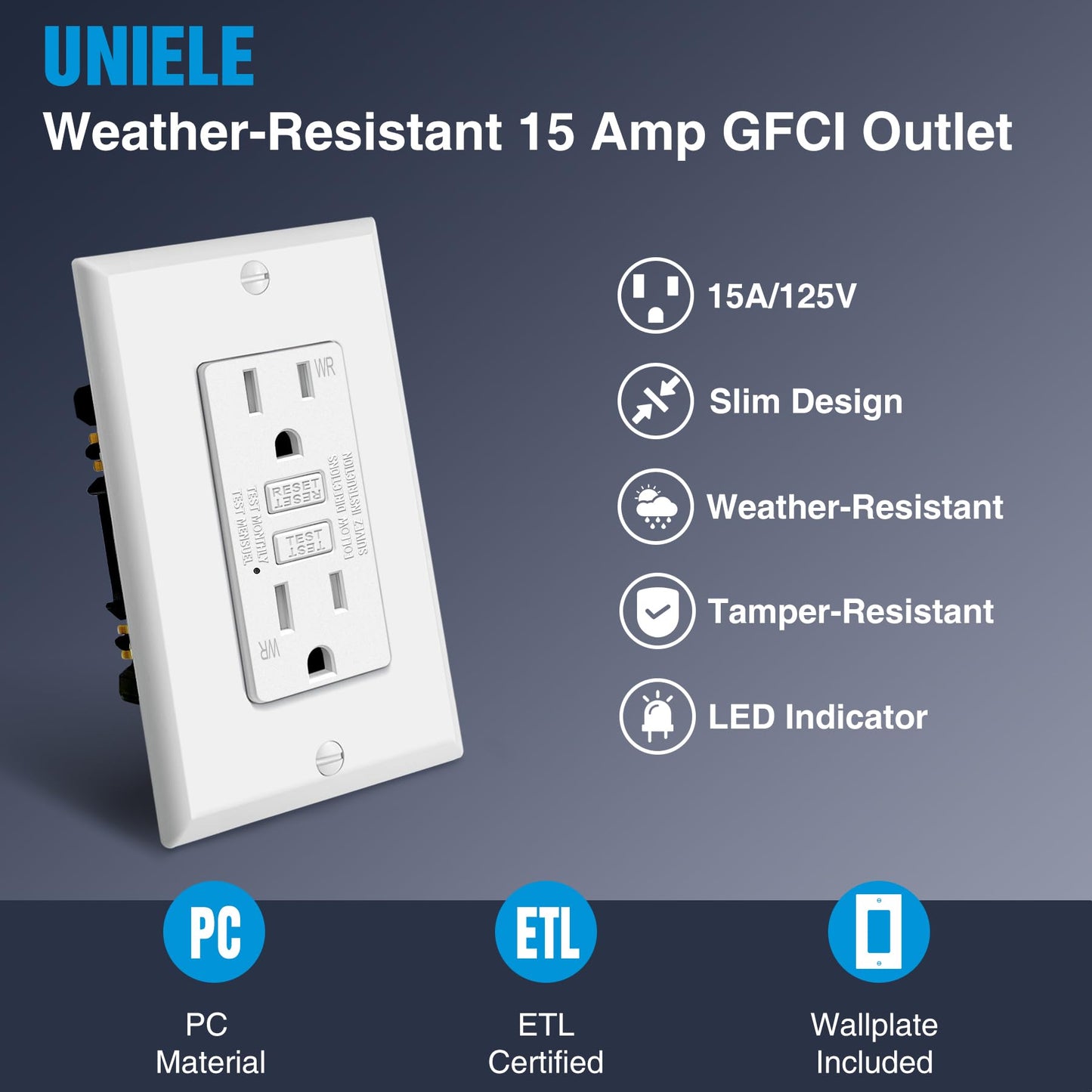 (20 Pack) UNIELE 15 Amp WR GFCI Receptacle Outlet, Outdoor Weather-Resistant GFI, Ground Fault Circuit Interrupter, Wallplate Included, White