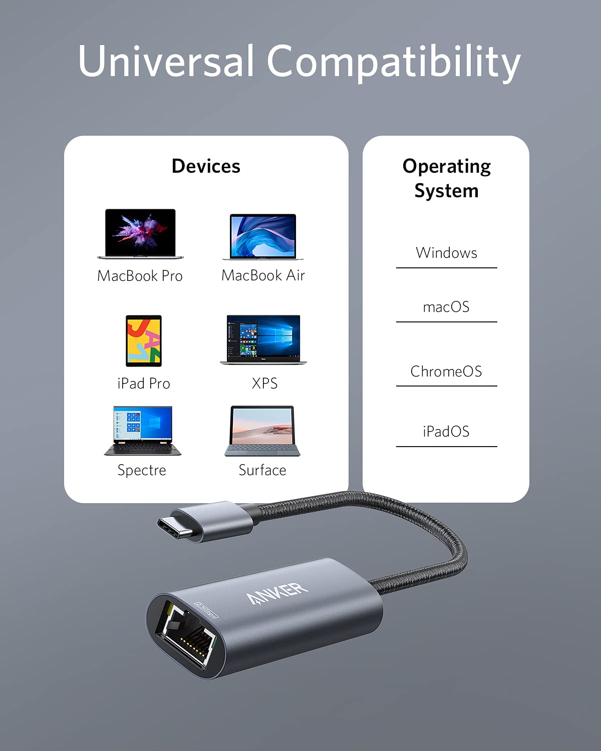 Anker USB C to 2.5 Gbps Ethernet Adapter, PowerExpand USB C to Gigabit Ethernet Adapter, Aluminum Portable USB C Adapter, for MacBook Pro, MacBook Air 2018 and Later, iPad Pro 2018 and Later, XPS