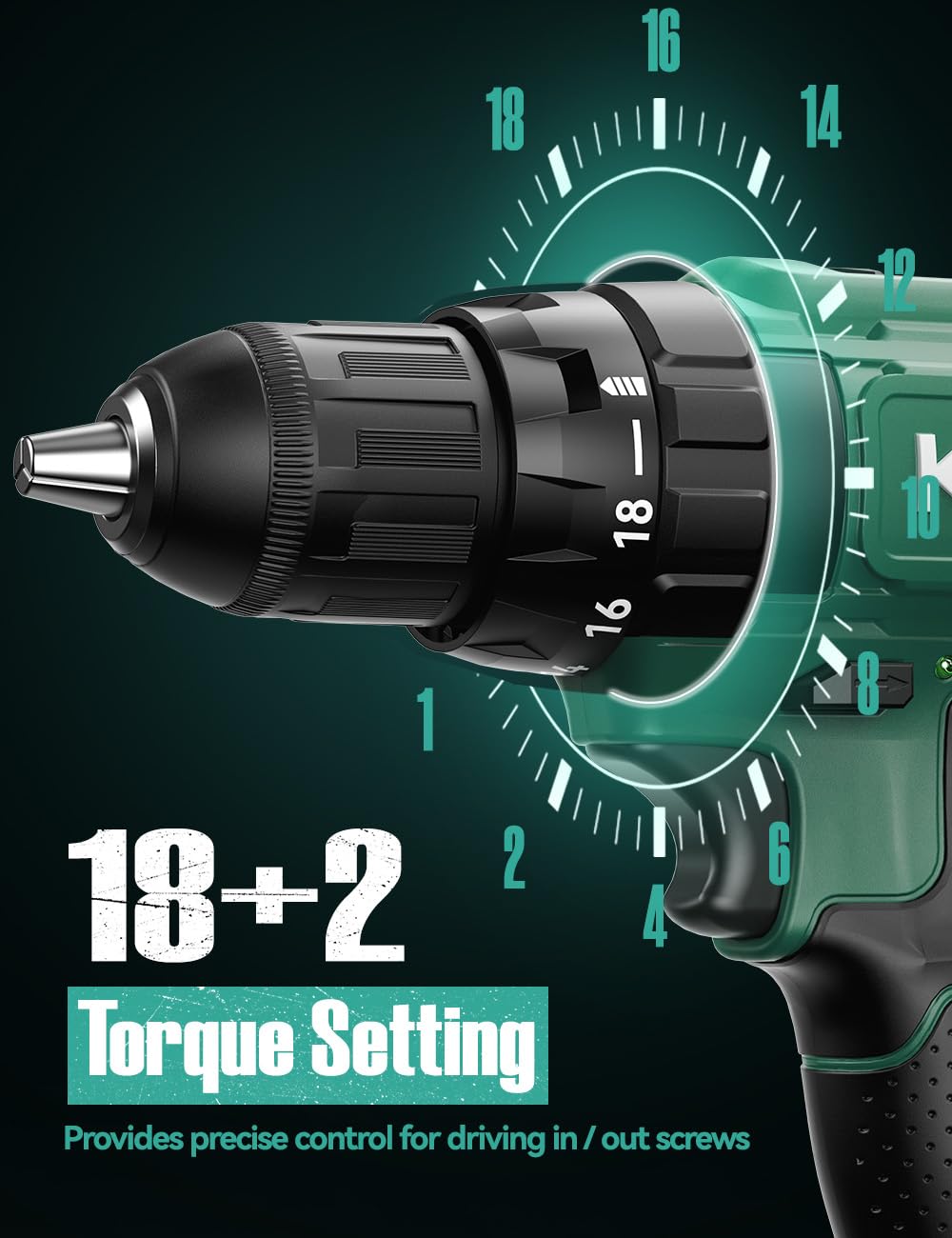 KIMO 20V Cordless Drill Set with 2 Packs 2.0Ah Battery, Max 350 In-lb Torque, 1350 RPM, 3/8" Keyless Chuck, 18+2 Clutch Setting, 18pcs Accessories, Power Drill for Drilling Wood Bricks Walls Metal