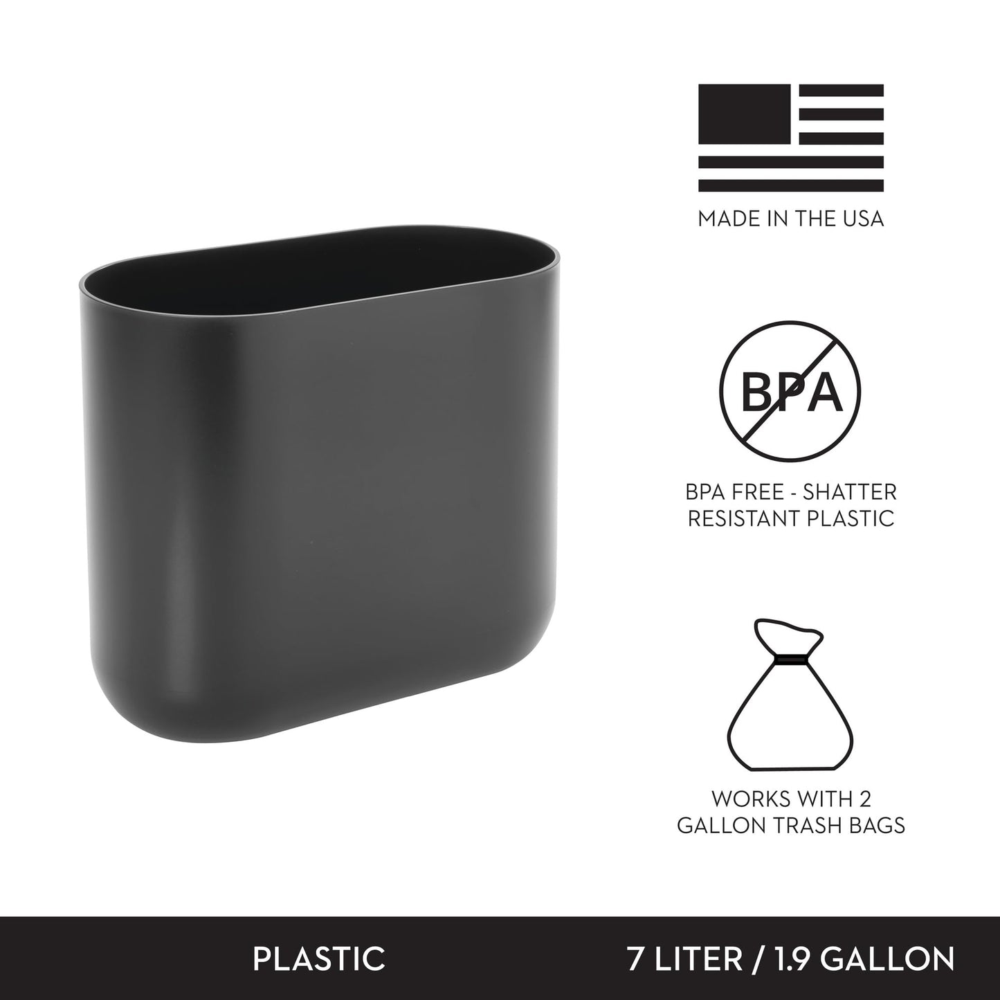 iDesign Small Slim Plastic Bathroom Trash Can, Garbage Can for Bedroom, Office, Desk, Dorm, 2-Pack, Gray