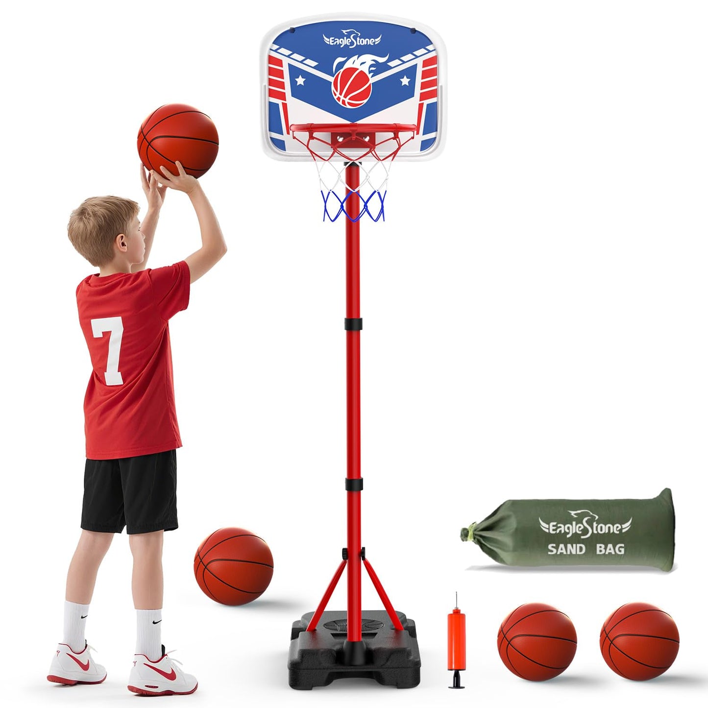EagleStone Mini Basketball Hoop for Door & Wall, Foldable Rim with 3 Balls and Pump, Indoor Basketball Toy Game Set for Kids Adults, Bedroom Office Sports Gift (Red Blue)