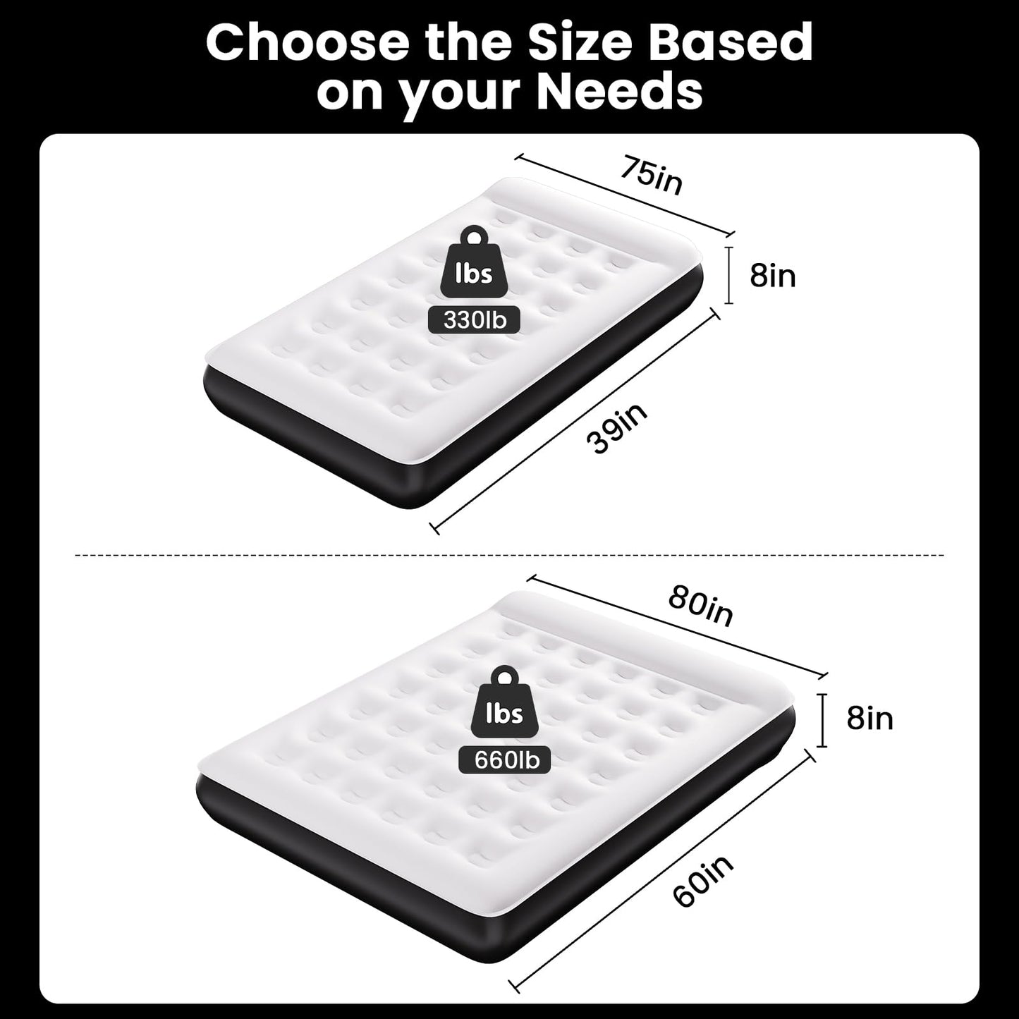 COMMOUDS Queen Air Mattress with Built-in USB Rechargeable Air Pump, Camping Blow up Mattress, Portable Inflatable Mattress, Air Bed for Outdoor, Travel, Home and Guest, 8" Raised