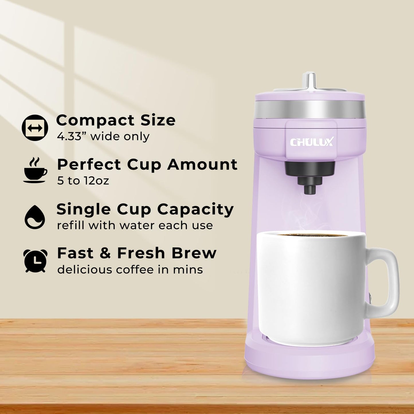CHULUX Mini Coffee Maker for K Capsule, Single Serve Coffee Maker for One Cup Americano, Lightweight Pod Coffee Machine, Lavender