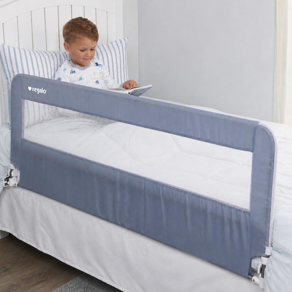 Regalo Safety 54” Extra Long Hideaway Bed Rail Guard for Toddlers, Toddler Bed Rail with Reinforced Anchor Safety System, 20” Tall Bed Safety Rail, Fits Twin, Full & Queen Beds, Gray