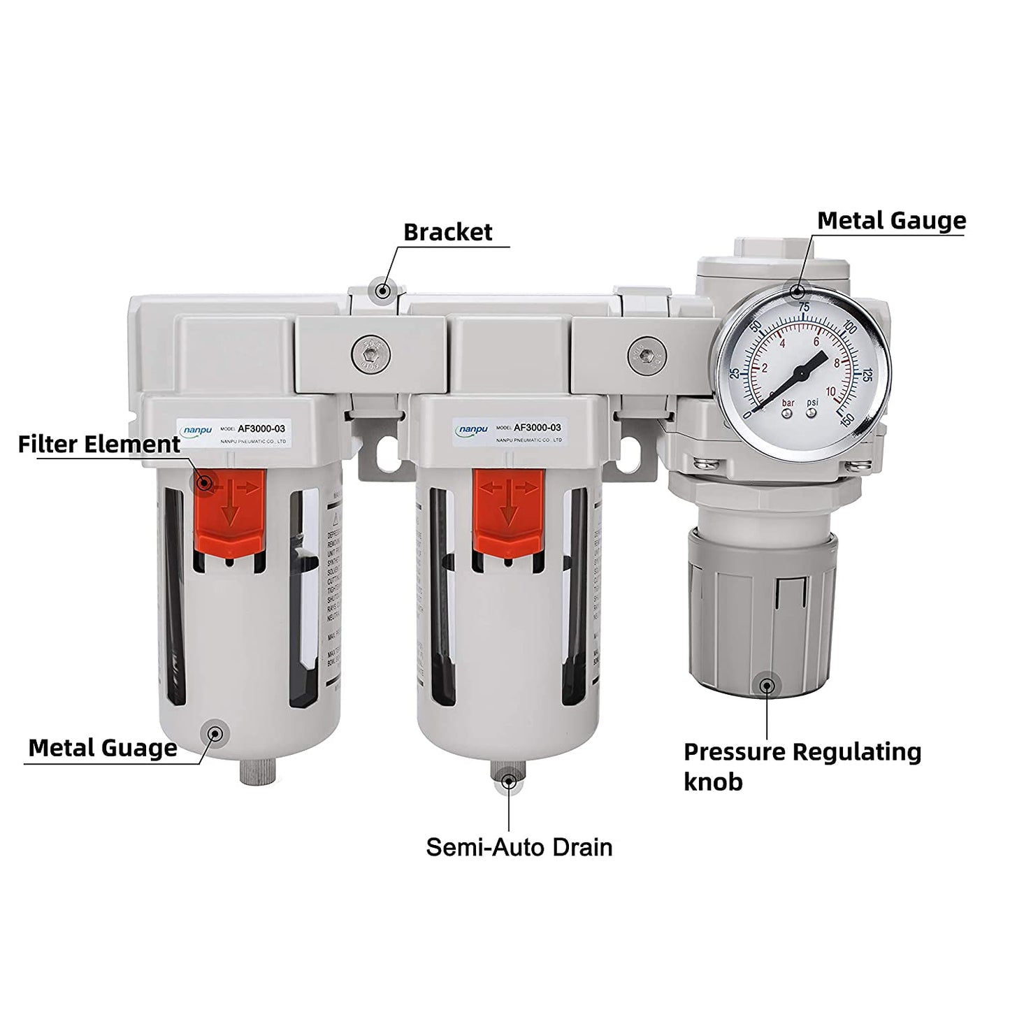 NANPU DFR-04 1/2" NPT Air Drying System - Double Air Filters, Air Pressure Regulator Combo - Semi-Auto Drain, Poly Bowl
