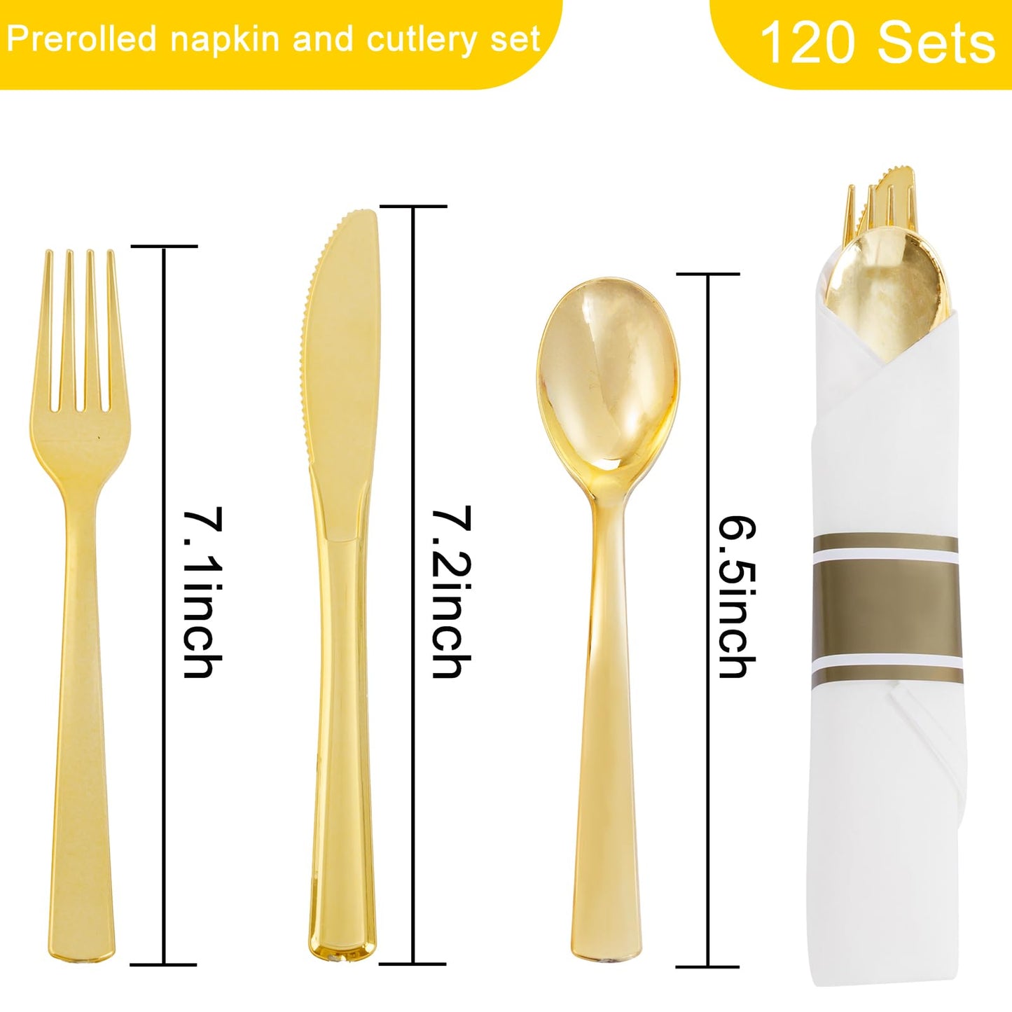 EI 120Pack Pre Rolled Gold Plastic Silverware,Wrapped Plastic Cutlery Set with Napkin,Disposable Silverware Set with Napkin, Gold Wrapped Silverware Perfect for Party/Birthday/Wedding