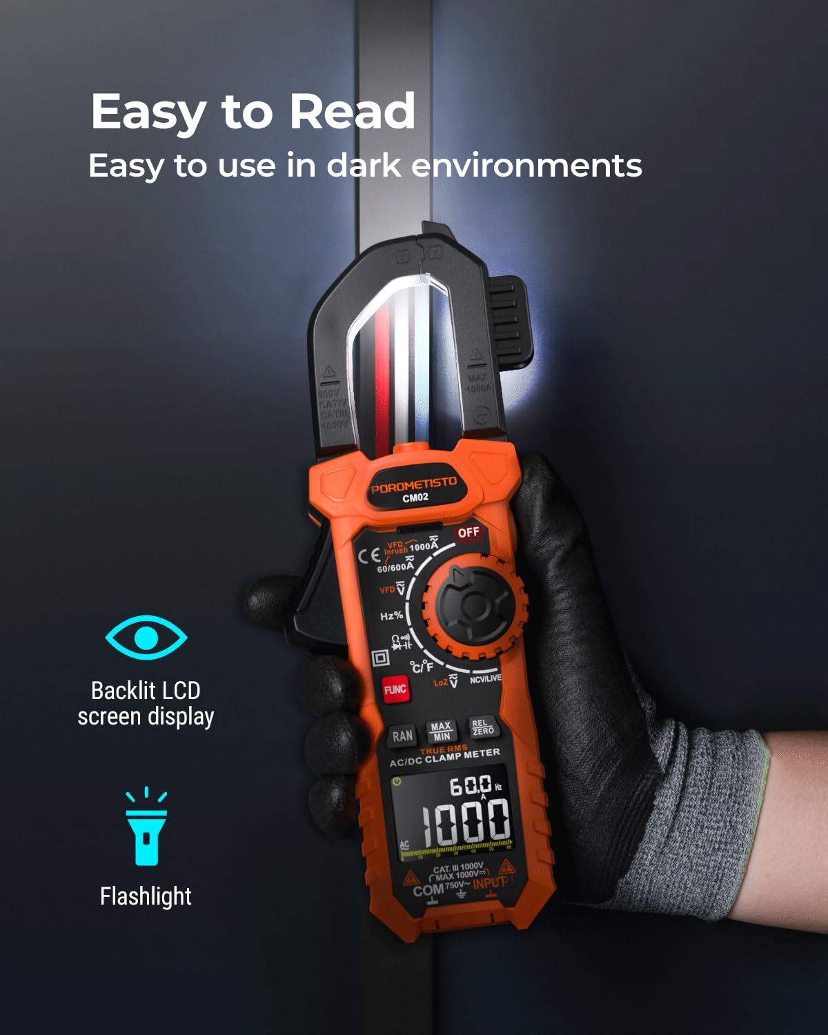 Clamp Meter POROMETISTO Digital Inrush Clamp Multimeter 1000A TRMS 6000 Counts, Amp Voltage Tester with VFD, LOZ Mode，Measures AC/DC Current Voltage NCV Temperature Resistance Capacitance Frequency