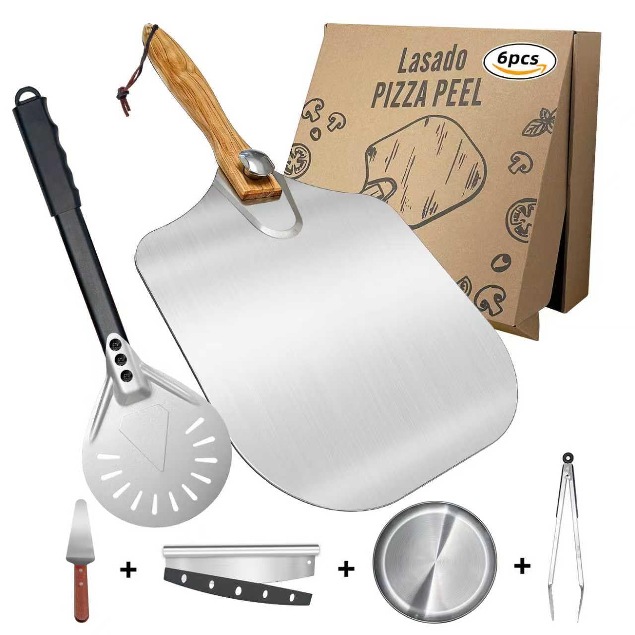 Pizza Peel and Pan Set, 6 Piece Pizza Oven Accessories, 12 Inch Metal Pizza Paddle with Foldable Wooden Handle, 8 Inch Metal Peel, Rocker Cutter, Server, Stainless Steel Plates and Tongs