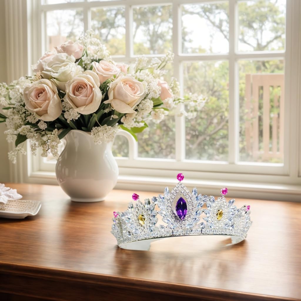 ZECAA Crystal Tiara Crown Headband Princess Elegant Crown With Natural Amethyst Citrine Pink Topaz Gemstone Women Lady Bridal Wedding Prom Birthday Party Girl Gift