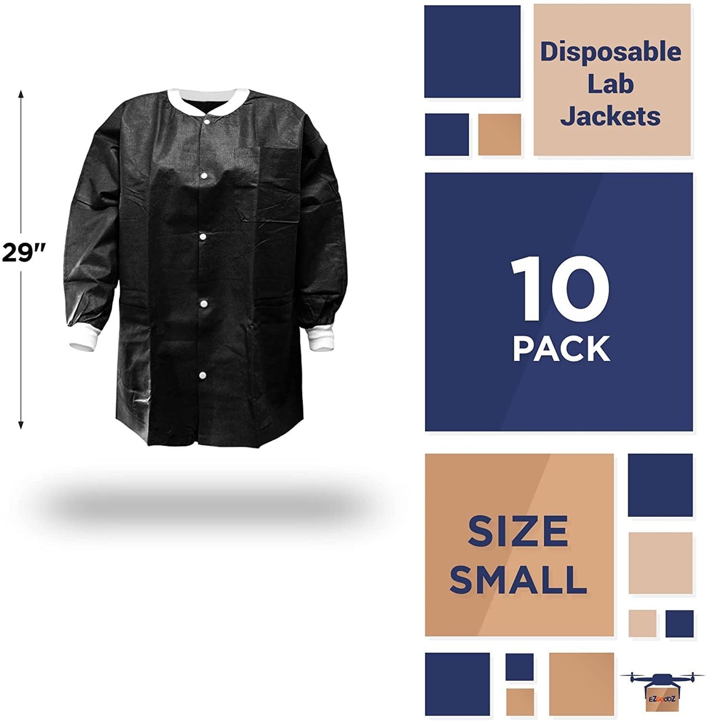 Amazing Supply Disposable Lab Jackets, 29'' Long. 10Pack Black Hip-Length Work Gowns| SMS 50 gsm Shirts with Snaps Front, Knit Cuffs & Collar, 3 Pockets. Unisex PPE Body Protective Short Coats, Small