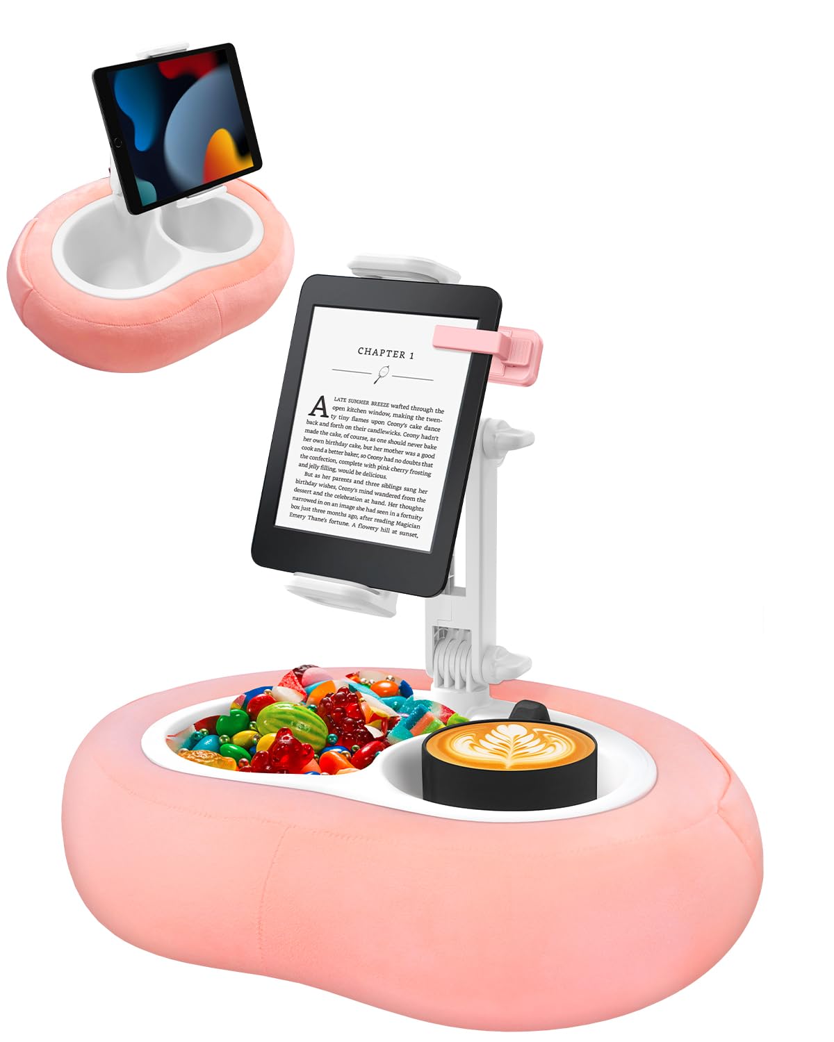 Tablet Pillow Stand, Compatible with 5"-12.9" Kindle, iPad, Phone/Tablet, Google, Samsung, 360° Rotating Phone Holder for Bed, Soft Plush Fabric, Detachable Bowl, Reading and Relaxation on Bed, Pink