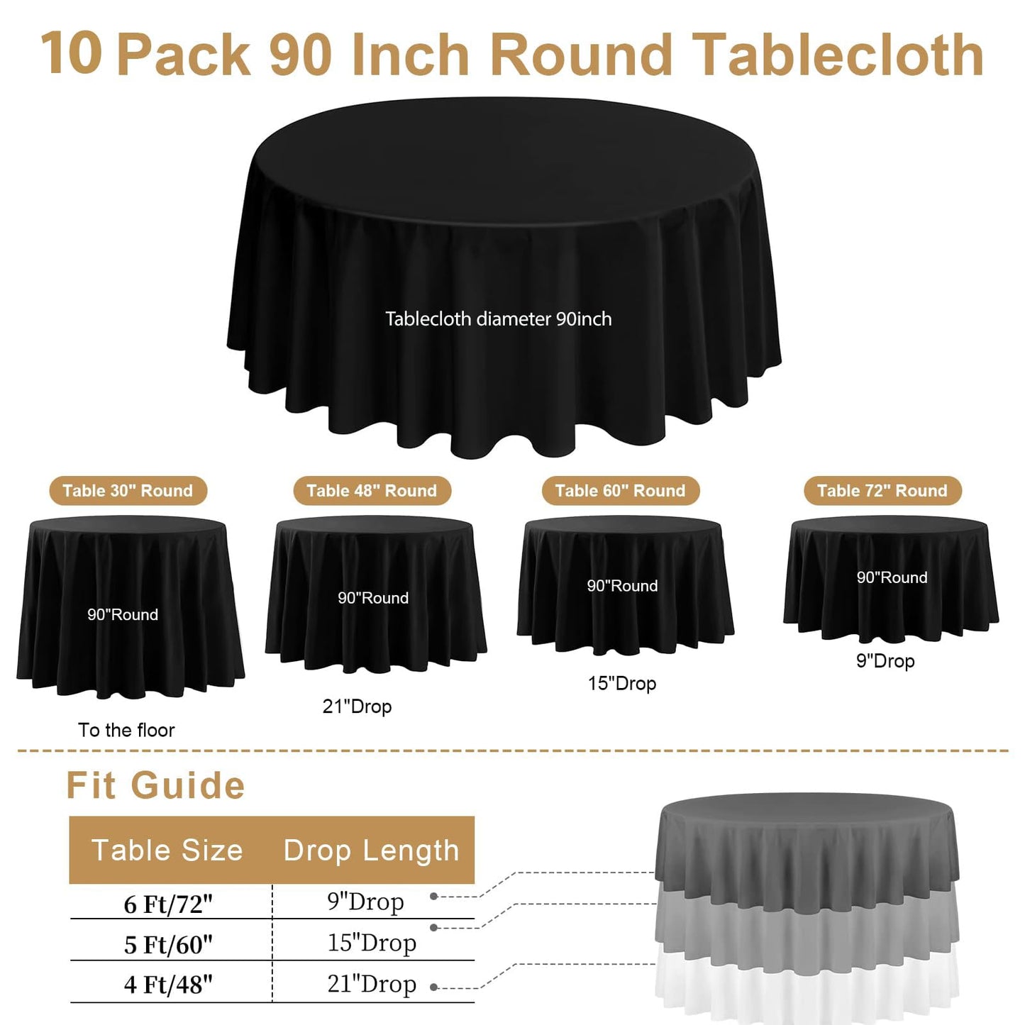 Yemosa 10Pack Black Round Tablecloth 90 Inch, Polyester Fabric Round Table Cover, Stain & Wrinkle Resistant Washable Table Cloth for Wedding, Party, Banquet, Dining Decor