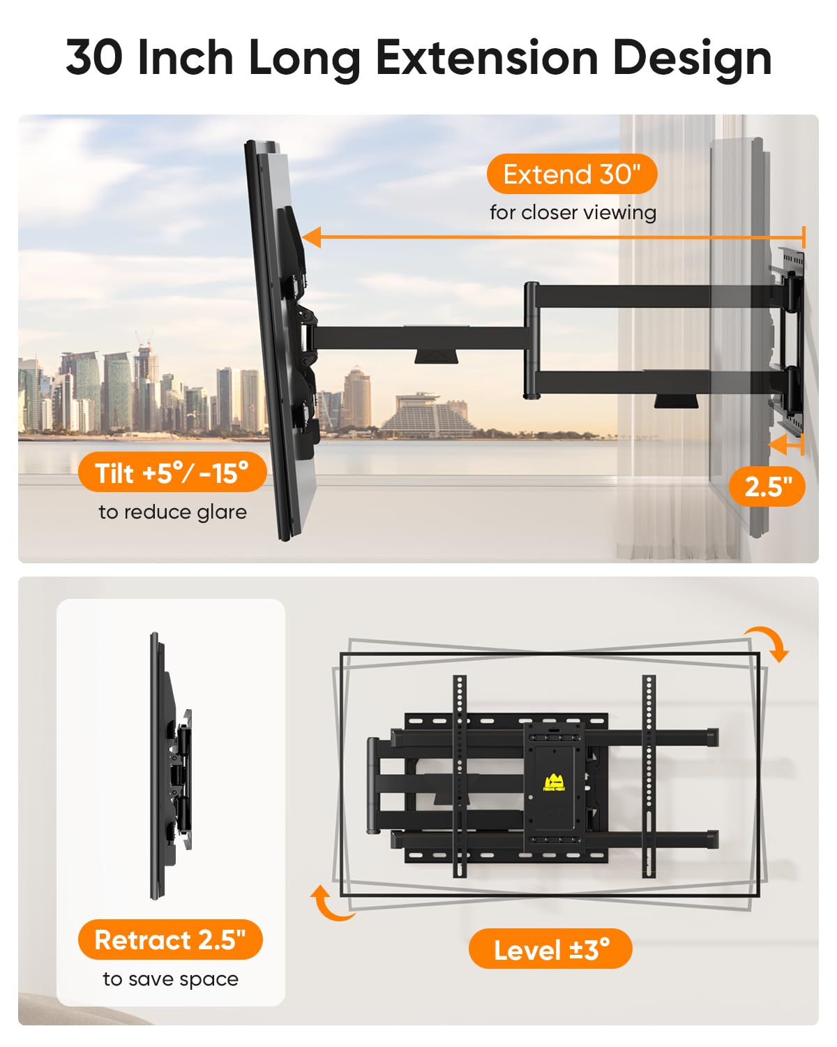 FORGING MOUNT Corner TV Mount Long Arm TVs Wall Mount for Most 37-75 Inch Flat Curved TVs, 30 Inch Long Extension TV Mount Swivel, Tilt, Full Motion Articulating Arms Max VESA 600x400mm up to 99lbs