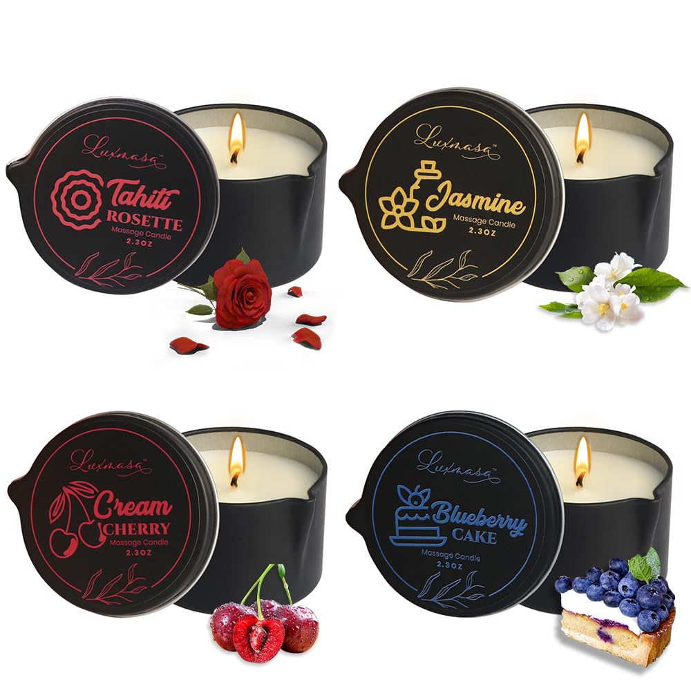 LUXMASA All Natural Scented Home Relaxing Massage Candle Oil Wax for Skin Care, Essential Oil Infused SPA Candle Pack of 4-9.4OZ(2.35OZ*4)-Tahiti,Jasmine,Cream Cherry, Blueberry Cake