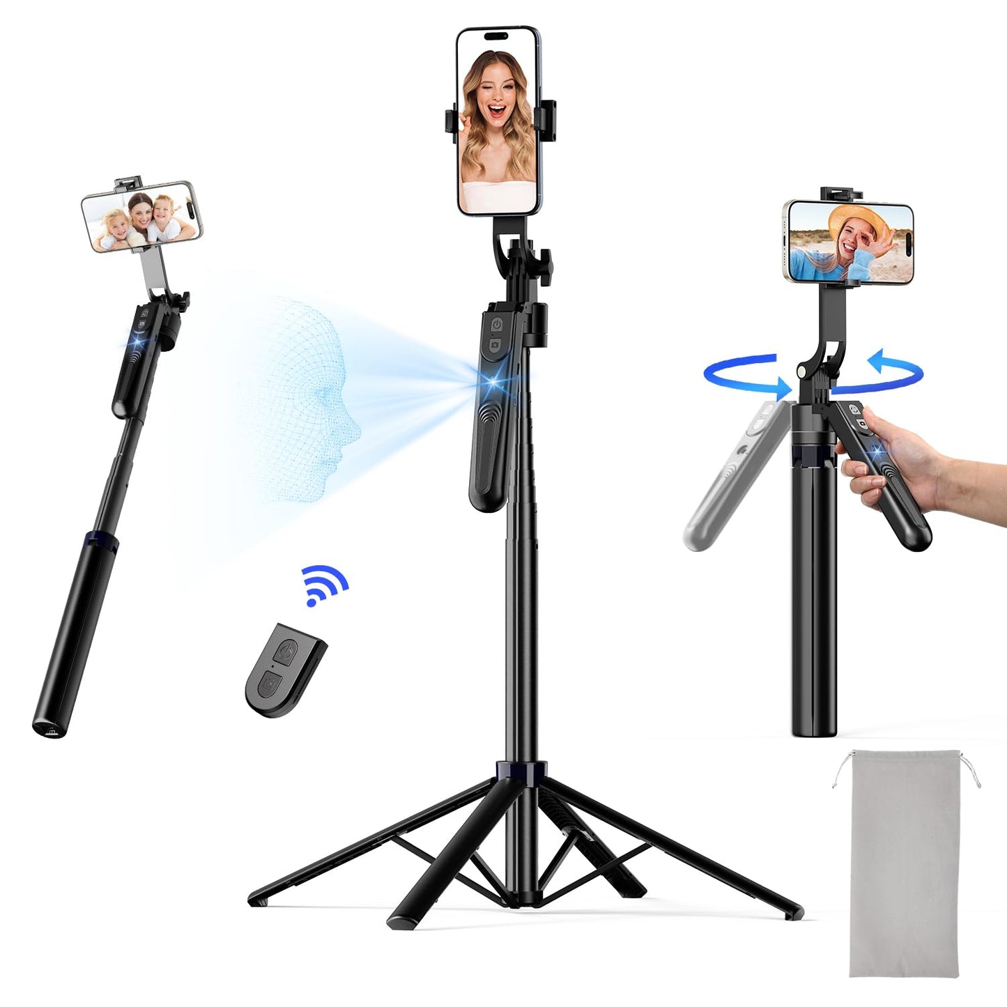NEMOVA 68'' Auto Face Tracking Tripod for iPhone, 360° Rotation Phone Tripod with Wireless Remote and Phone Holder, Selfie Stick Tripod for Android Phone, Applied to YouTube, Tiktok, Facetime