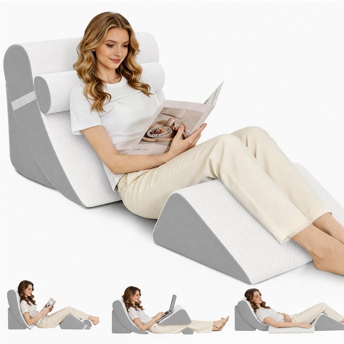 LevNubis 4PCS Orthopedic Bed Wedge Pillow Set for Post Surgery & Pain Relief,Adjustable Wedge Pillow for Back,Sitting up in Bed,Recovery,Acid Reflux,Snoring,Body Pillow for Sleeping (White/Light Grey)
