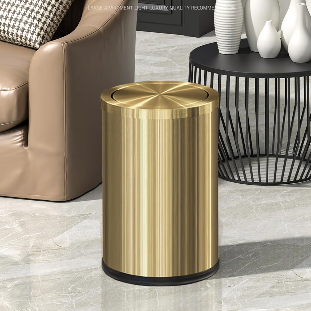 LEASYLIFE Small Trash can with Flipping lid, Stainless Steel, 2.4gallon,Garbage cans for Bathroom, Kitchen, Living Room. Metallic Gold (Singer)