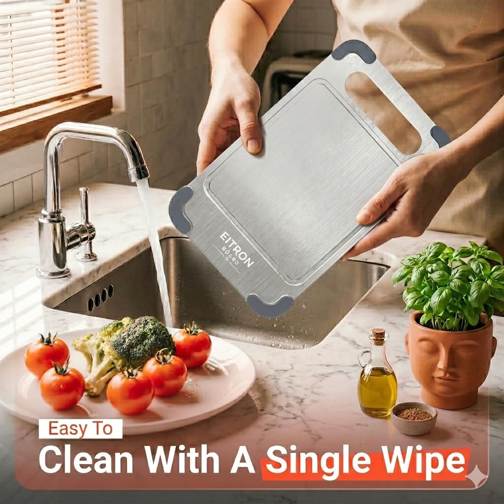 EITRON Titanium Cutting Board Set of 3 for Kitchen - 100% Pure Titanium Metal Chopping Boards, Non-Toxic Food Grade, Double-Sided with Juice Groove & Non-Slip Corners, Dishwasher Safe (S+M+L)