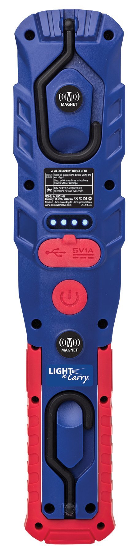 Clore Automotive Light-N-Carry LNC1841 Industrial Grade Rechargeable Work Light with Magnetic Base, Hanging Hooks, and USB Charging Output- 800 Lumen