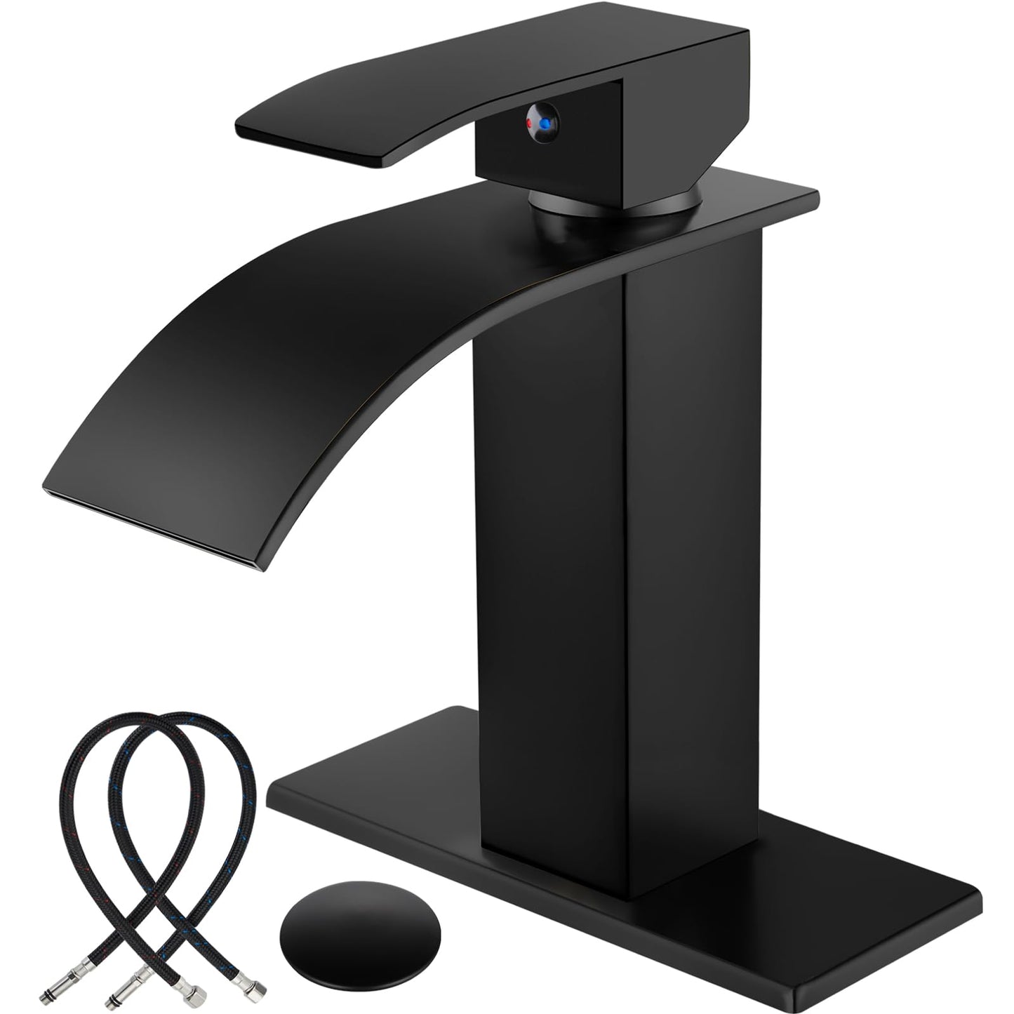 Midanya Matte Black Bathroom Sink Faucet Waterfall Spout Single Handle 1 Hole Deck Mount Mixer Tap Lavatory Vanity Sink Faucet Commercial with Deck Plate and Pop Up Drain