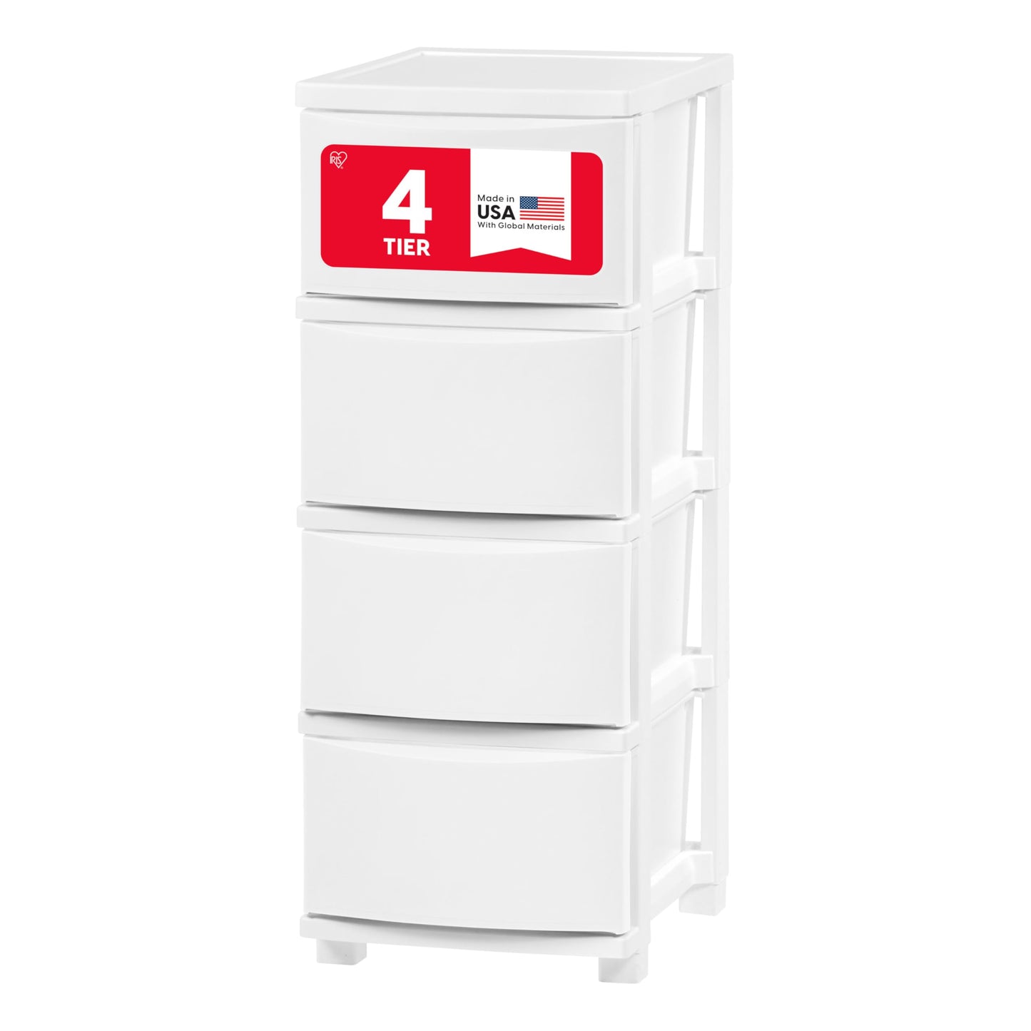 IRIS USA Plastic Drawer Storage Organizer, 4-Drawers, for Classroom Art Supplies Bathroom Dorm Bedroom Laundry Room, Slim Narrow, White Frame with Matte White Front Panels
