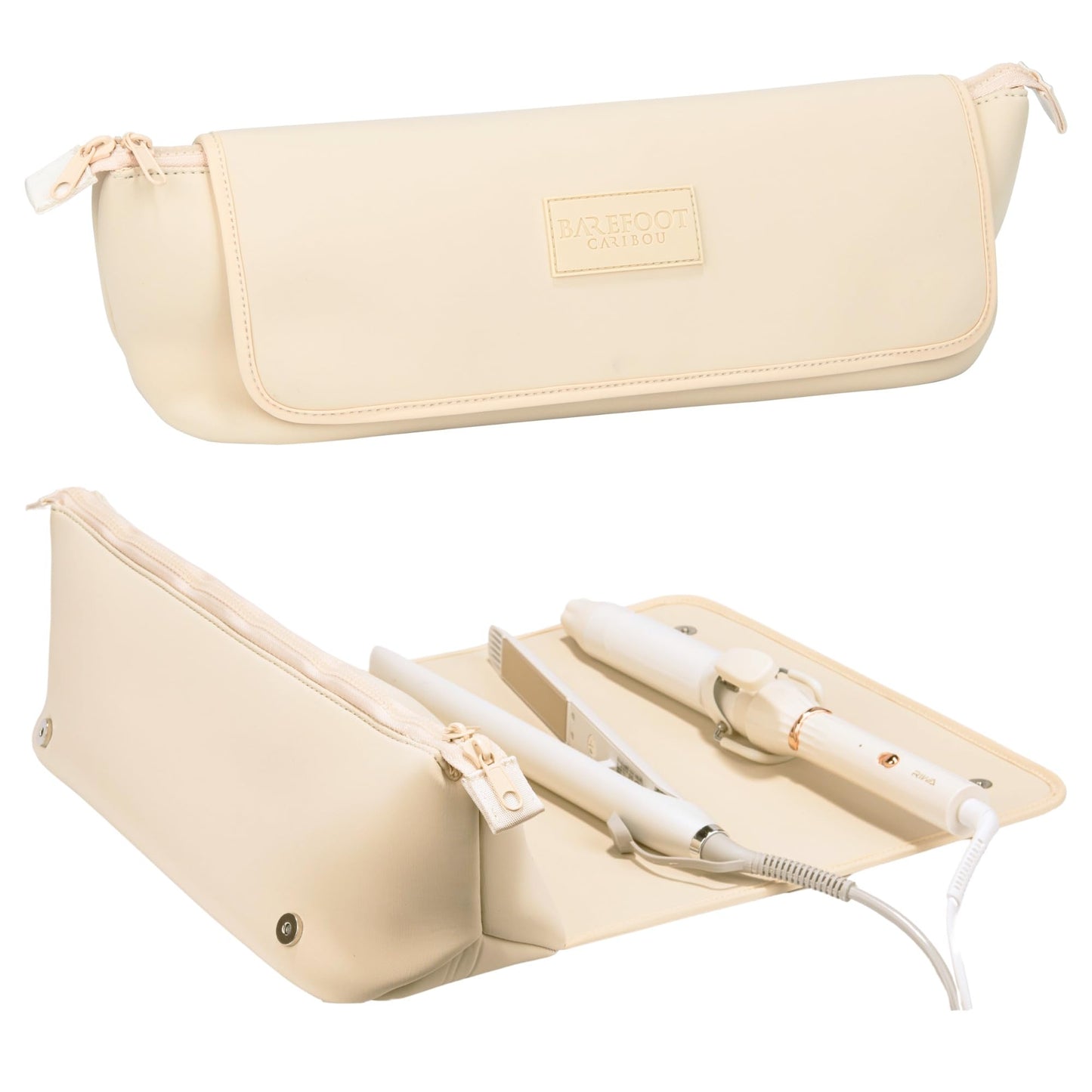 BAREFOOT CARIBOU Hair Tools Travel Bag and Heat Resistant Mat for Flat Irons, Straighteners, Curling Iron, and Haircare Accessories, 2-in-1 design, with Interior Pockets, Portable Organizer (Ivory)