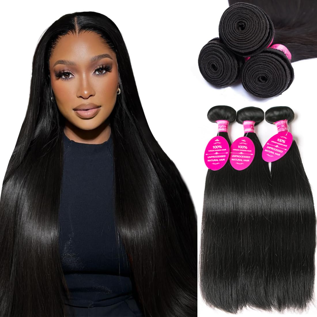 Straight Bundles Human Hair 3 Bundles 18 20 22 Inch Double Weft 12A Brazilian Weave Straight Bundles Human Hair Unprocessed Virgin for Women Natural Color