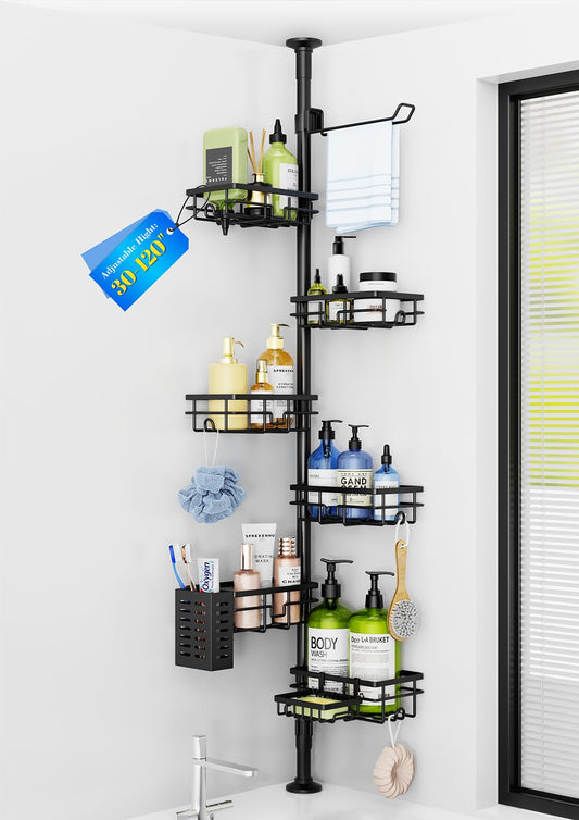 Corner Shower Caddy Organizer Tension Pole, Adjustable 6 Shower Shelves Corner Shelf 30-120Inch Rustproof Shower Rack for Inside Shower, Extra Towel Bar Soap Dish Bathroom Organizers and Storage Black
