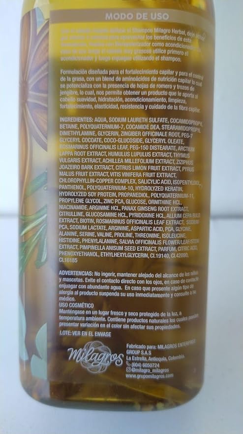 Milagros Shampoo y Acondicionador Herbal - Romero, Jengibre y Arroz 100% natural | Combate caida del cabello y promueve su crecimiento.