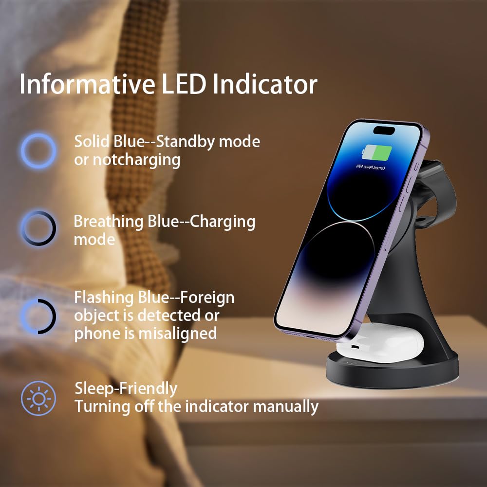 Wireless Charger,3 in 1 Magnetic Wireless Charger Stand, Fast Wireless Charging Dock for iPhone16/15/14/13/12 Series, Apple Watch Series, AirPods Pro.