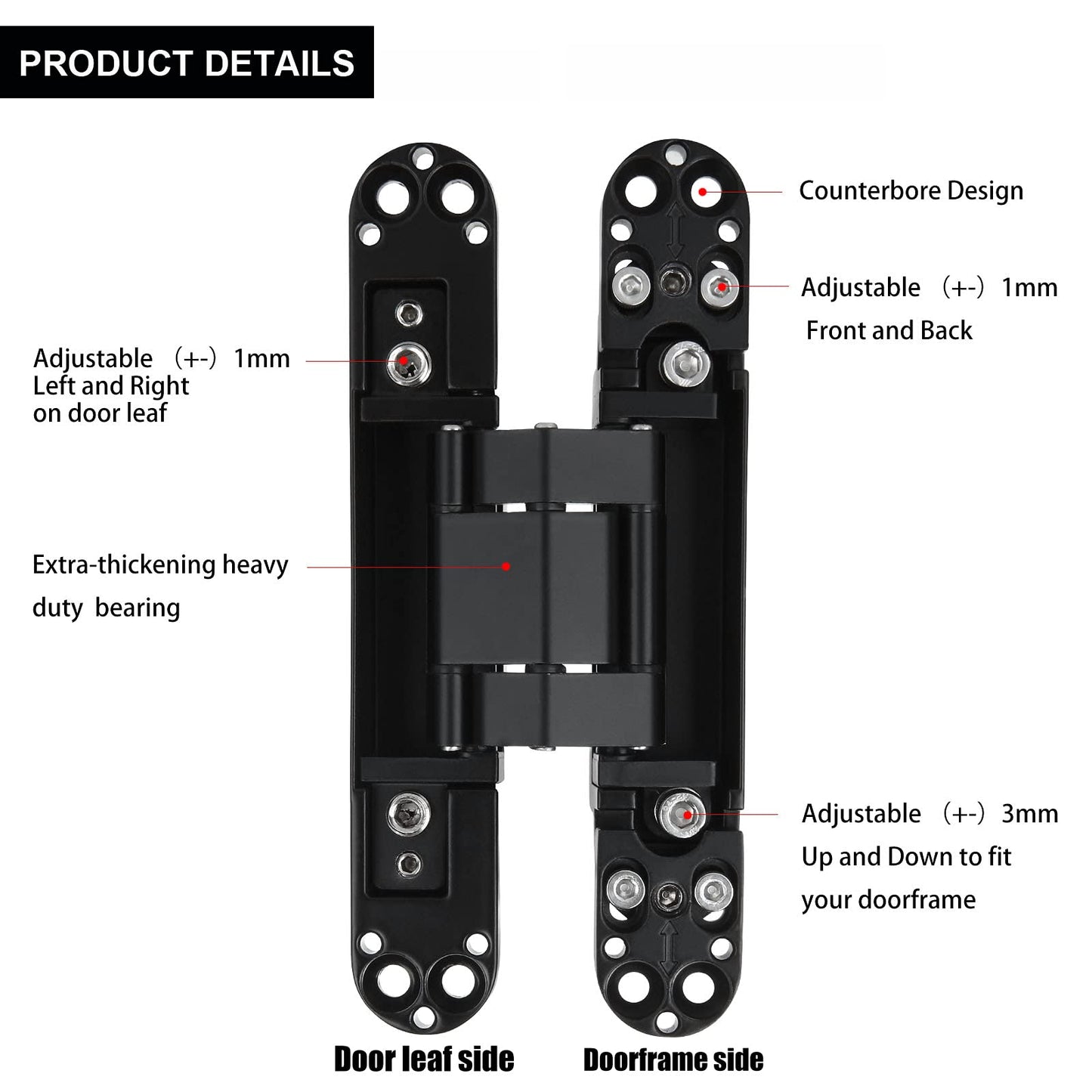 MARNER 2 Set 6 Inch Hidden Door Hinges Zinc Alloy Heavy Duty Invisible Hinge 180 Degree Swing Concealed Hinge 3 Way Adjustable Butt Hinge 6 x 2.5 x 1 Inch Black (2 Hinges)
