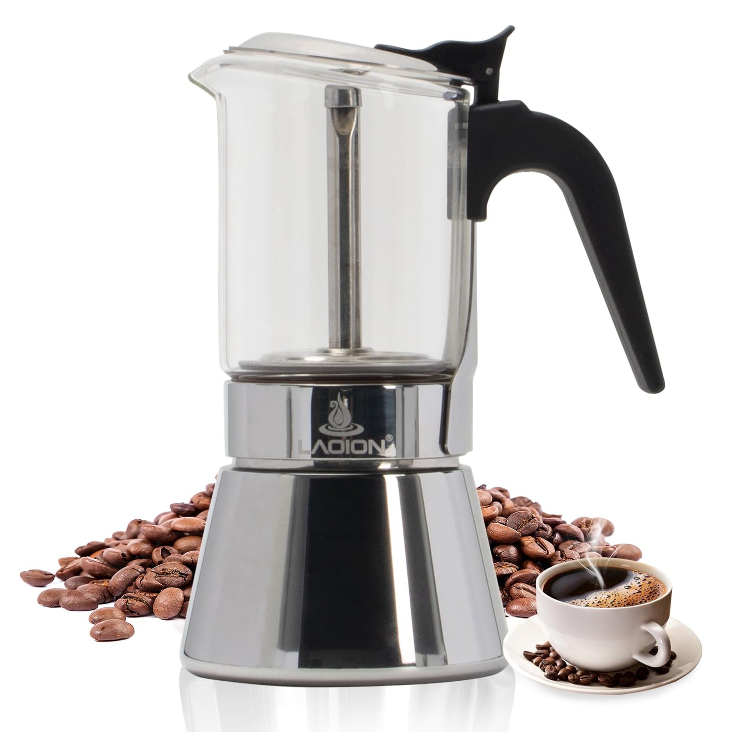 LAOION Stovetop Espresso Maker, 9Cup 360ml Moka Pot, Crystal Glass-top & Stainless Steel Coffee Maker Mocha Pot, Greca De Cafe, Cuban and Italian Coffee Maker for Cafetera Cubana