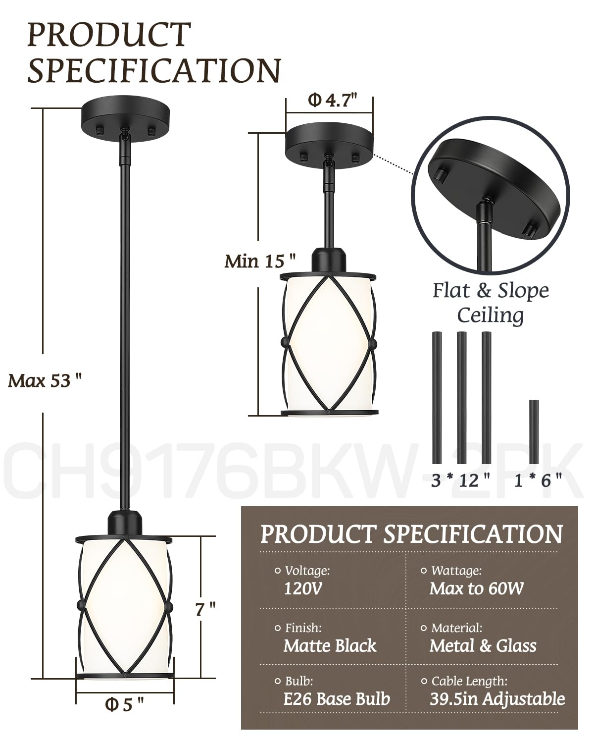 Osimir Glass Pendant Lights Kitchen Island, 2 Pack Modern Black Pendant Light Fixtures with Frosted Glass and Rod, Mid Century Cage Pendant Light for Kitchen Sink Dining Room, CH9176BKW-2PK