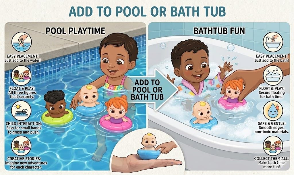 CoComelon Bobble Bath Water Figure Set Toy, 3 Pack- Includes Floating JJ, Cody & YoYo - Officially Licensed - Add to Bath Time Fun! Gift for Kids, Boys & Girls, Toddlers & Preschoolers - Set of 3