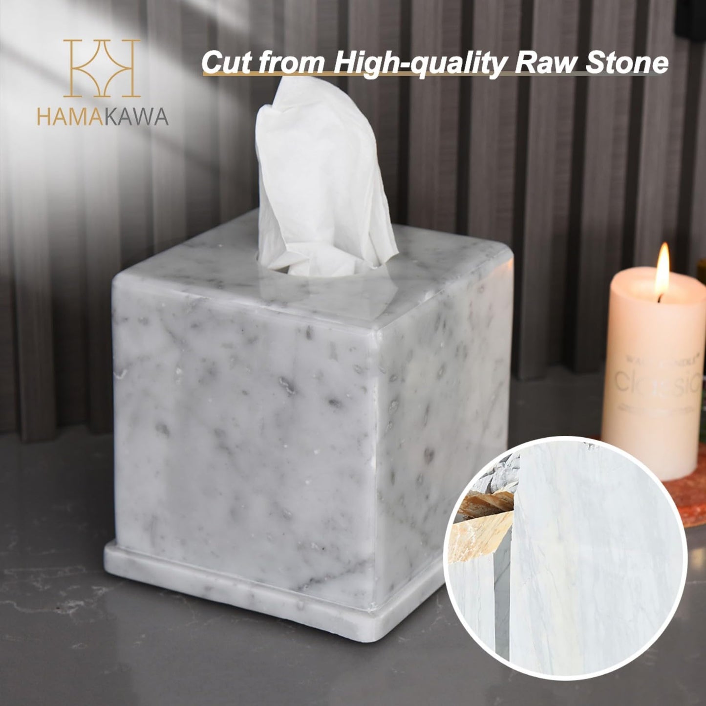 HAMAKAWA Natural Marble Tissue Box Cover, Carrara White Tissue Organizer 6 X 6 X 5.7 Inch, Heavy Stone Decorative Box, Square Tissue Box Holder for Home Decor, Kitchen, Bathroom