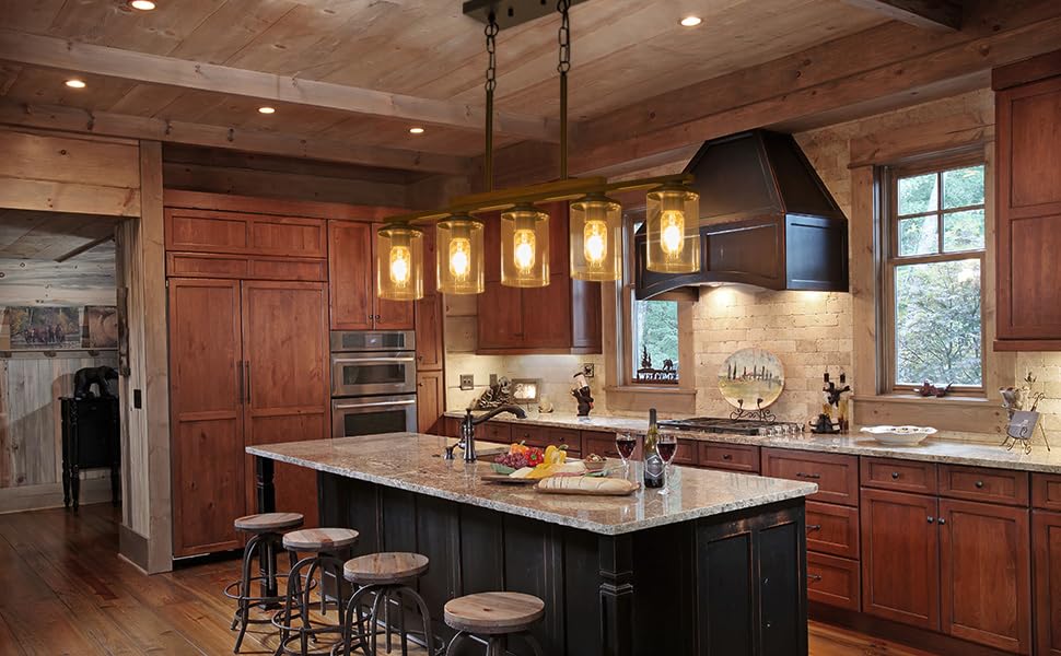 2025 Upgraded Kitchen Island Lighting, 5-Light Dining Room Light Fixtures Over Table Kitchen Island Lights with Rustic Wood Frame Farmhouse Chandelier for Dining Room, 32.4" Black Clear Glass Shades