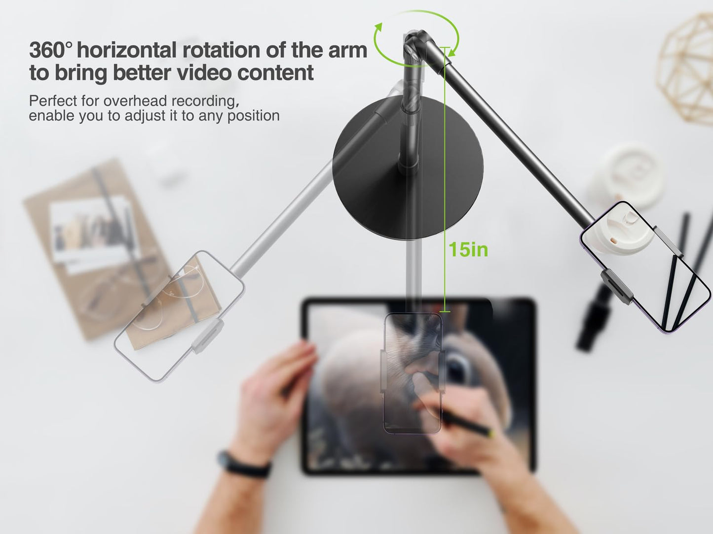 elitehood Heavy Duty Aluminum Overhead Phone Stand, 15 in Long Arm iPhone Holder for Video Recording, 360 Degrees Swivel Tilt Overhead Phone Mount for Filming, Meeting, Cooking, Painting and Crafting