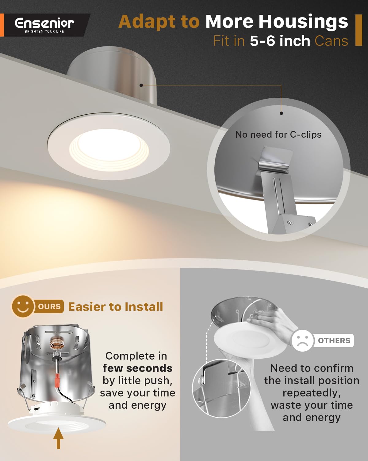 Ensenior 5/6 Inch 5CCT LED Can Lights 4 Pack, Retrofit Led Recessed Lighting, Baffle Trim, Dimmable, 9W=110W, 1000LM, 2700K/3000K/3500K/4000K/5000K Selectable, IC Rated - ETL & FCC