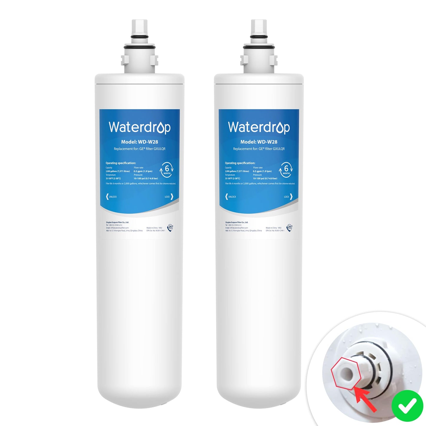Waterdrop FQK1R, GXULQR Under Sink Replacement Filter, NSF/ANSI 42 372 Certified, Replacement for Hexagonal Head GE SmartWater GXULQR, GXULQK and GXK140TNN, 2K Gallons, 2 Filters