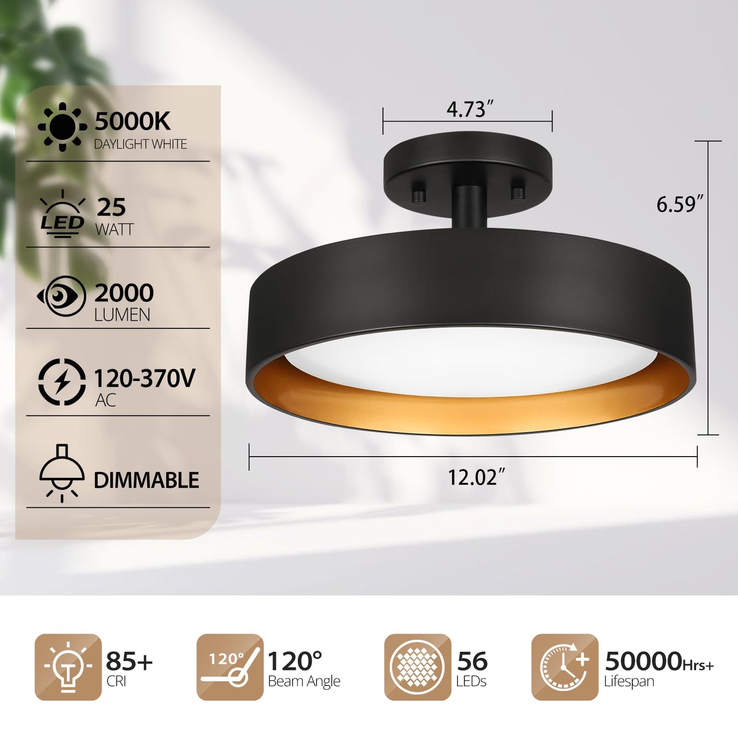 SunRider Semi Flush Mount Ceiling Lights, 12 Inch 25W LED Ceiling Light Fixture Black for Hallway Kitchen, Gold Inside, 5000K Daylight White, Dimmable
